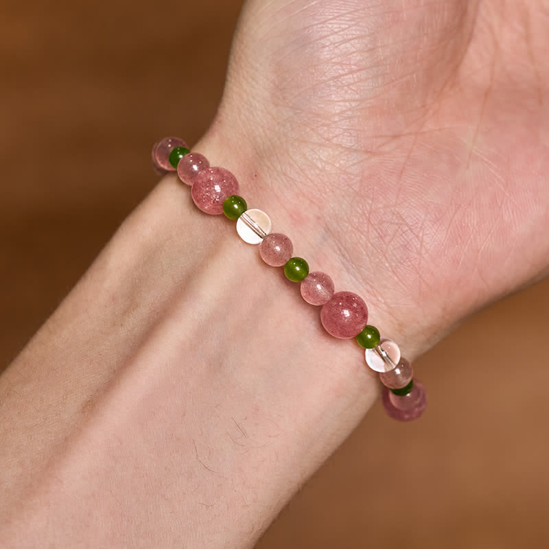 Buddha Stones Pulsera curativa de cuarzo fresa y ágata verde con cuarzo transparente - image 9