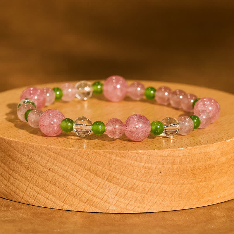 Buddha Stones Pulsera curativa de cuarzo fresa y ágata verde con cuarzo transparente - image 1