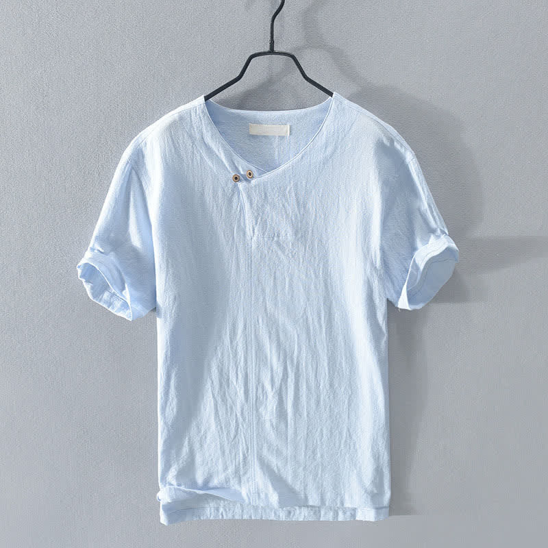 Buddha Stones Camisa de manga corta para hombre, estilo casual de verano, asimétrica, con cuello en V y botones. - Azul cielo claro - US/UK/AU42, EU52 (3XL) - image 4