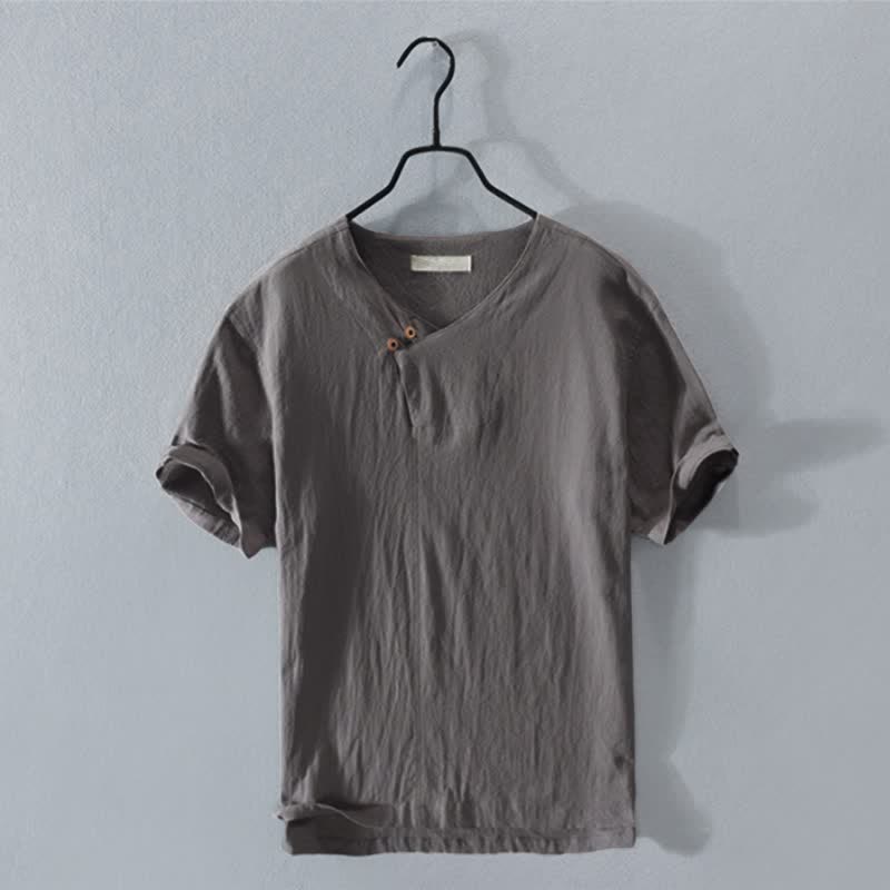 Buddha Stones Camisa de manga corta para hombre, estilo casual de verano, asimétrica, con cuello en V y botones. - Gris oscuro - US/UK/AU42, EU52 (3XL) - image 0
