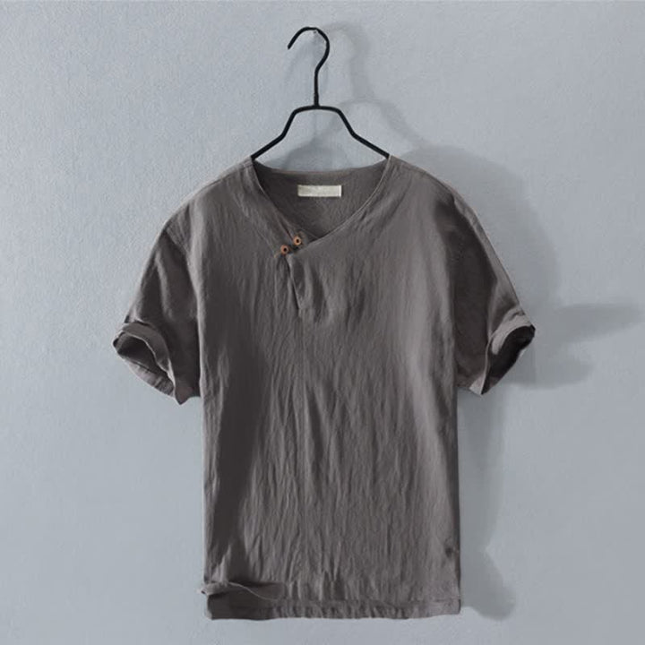 Buddha Stones Camisa de manga corta para hombre, estilo casual de verano, asimétrica, con cuello en V y botones. - Gris oscuro - US/UK/AU42, EU52 (3XL) - image 0
