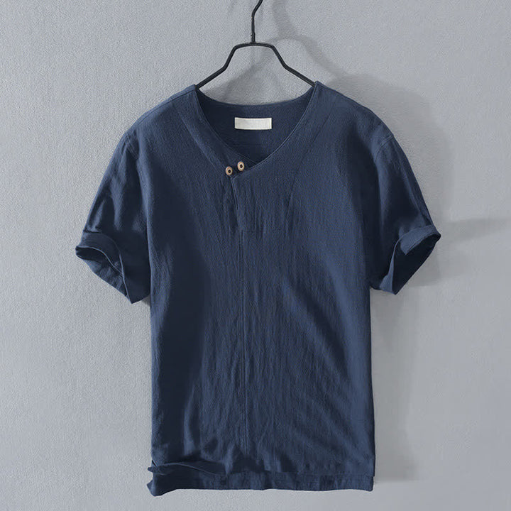 Buddha Stones Camisa de manga corta para hombre, estilo casual de verano, asimétrica, con cuello en V y botones. - Azul real - US/UK/AU42, EU52 (3XL) - image 8