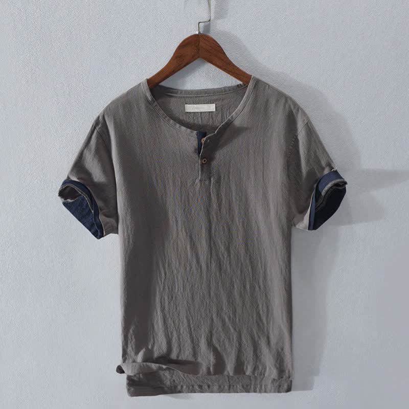Buddha Stones Camisa de manga corta para hombre, estilo casual de verano, minimalista, con dos botones, de algodón y lino liso. - Gris - US/UK/AU44, EU54 (3XL) - image 0