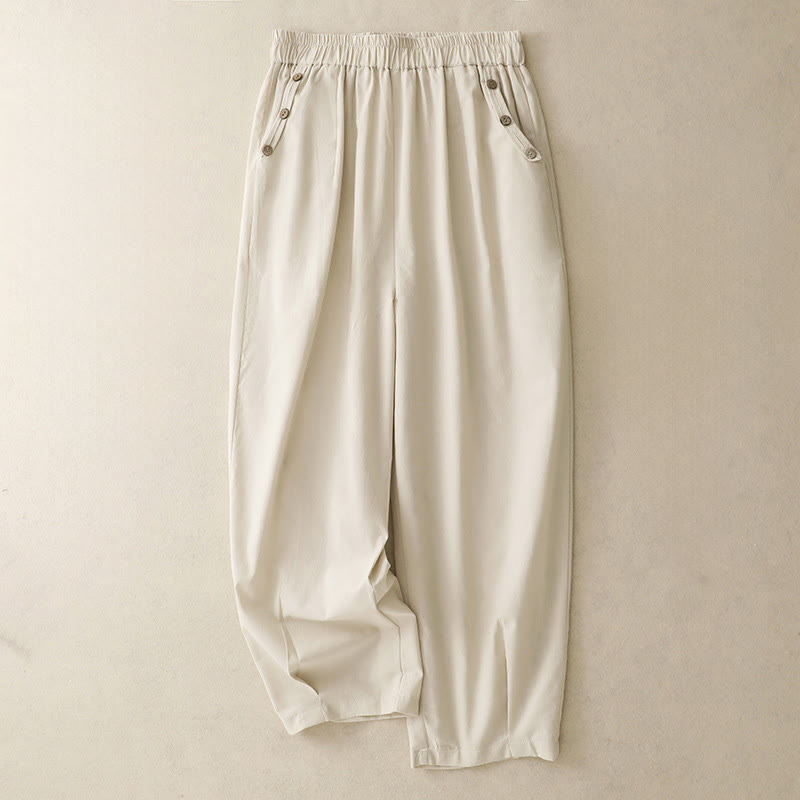 Buddha Stones Pantalones cortos informales de primavera/verano con botones decorativos, color liso, estilo harem para mujer, con bolsillo. - Beige - US12, UK/AU16, EU44 (2XL) - image 0