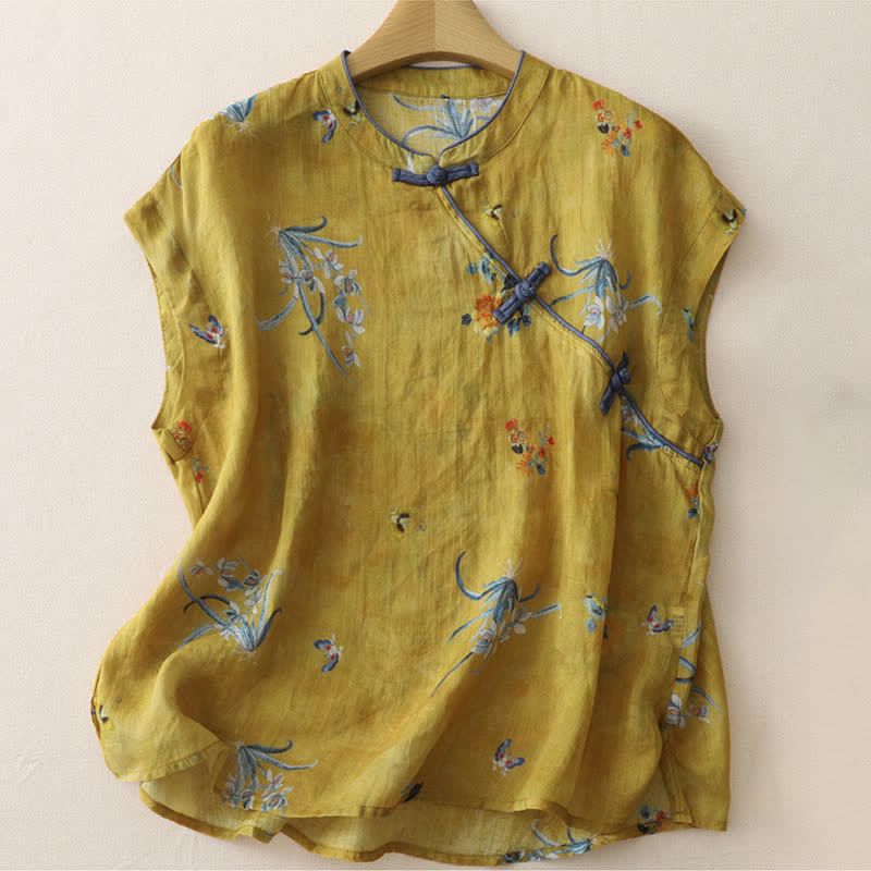 Buddha Stones Camiseta sin mangas para mujer estilo Summer Tang Vintage Frog Button Orchid Floral - Perú - US12, UK/AU16, EU44 (2XL) - image 0