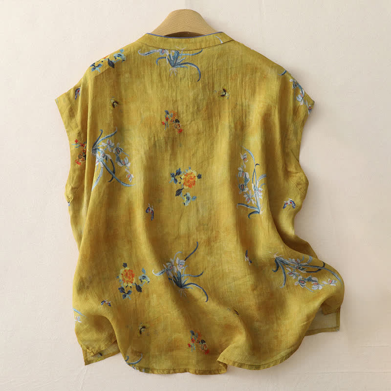 Buddha Stones Camiseta sin mangas para mujer estilo Summer Tang Vintage Frog Button Orchid Floral - image 1