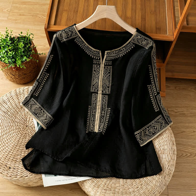 Buddha Stones Camisetas de manga corta para mujer con bordado geométrico, estilo bohemio informal de verano. - Negro - US8-10, UK/AU12-14, EU40-42 (2XL) - image 0