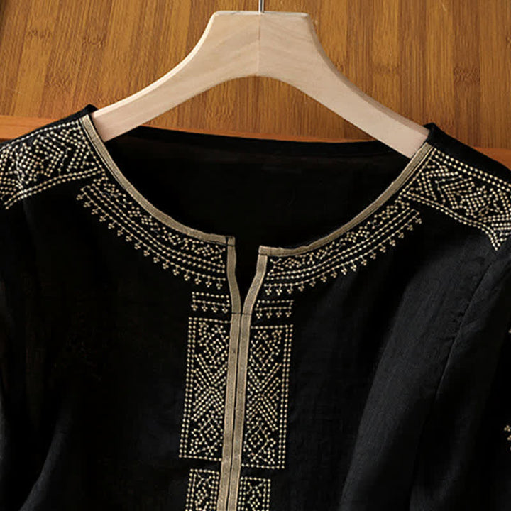 Buddha Stones Camisetas de manga corta para mujer con bordado geométrico, estilo bohemio informal de verano. - image 2
