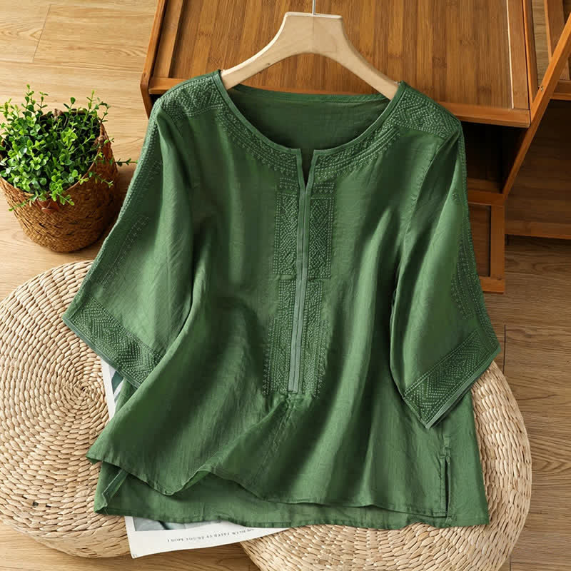 Buddha Stones Camisetas de manga corta para mujer con bordado geométrico, estilo bohemio informal de verano. - Verde oliva oscuro - US8-10, UK/AU12-14, EU40-42 (2XL) - image 6