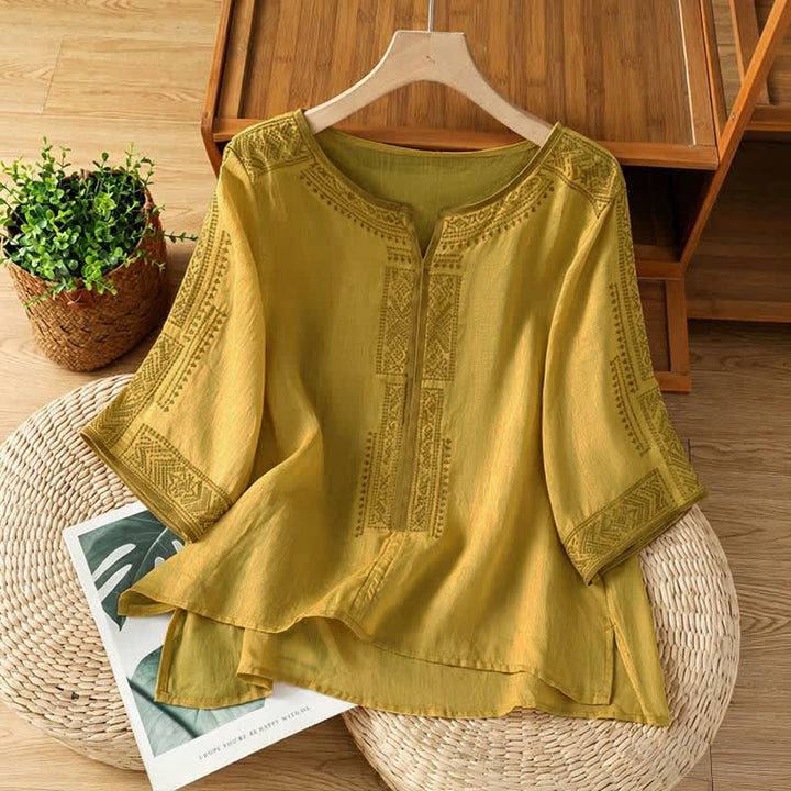 Buddha Stones Camisetas de manga corta para mujer con bordado geométrico, estilo bohemio informal de verano. - Caqui oscuro - US8-10, UK/AU12-14, EU40-42 (2XL) - image 12