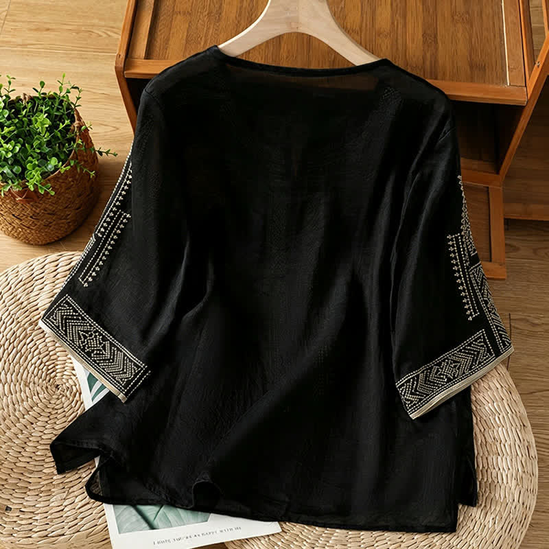 Buddha Stones Camisetas de manga corta para mujer con bordado geométrico, estilo bohemio informal de verano. - image 1