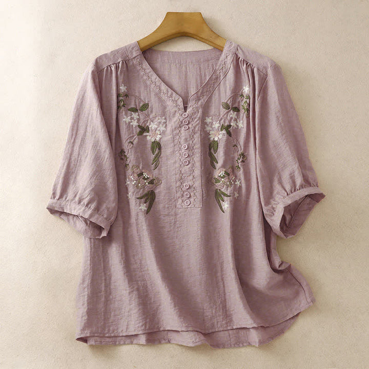 Buddha Stones Camisa de manga corta para mujer con bordado floral estilo boho veraniego - Rojo violeta pálido - US8-10，UK/AU12-14，EU40-42 (2XL) - image 6