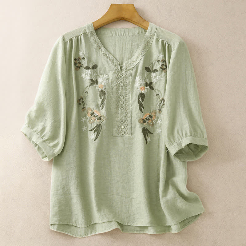 Buddha Stones Camisa de manga corta para mujer con bordado floral estilo boho veraniego - Verde mar oscuro - US8-10，UK/AU12-14，EU40-42 (2XL) - image 0