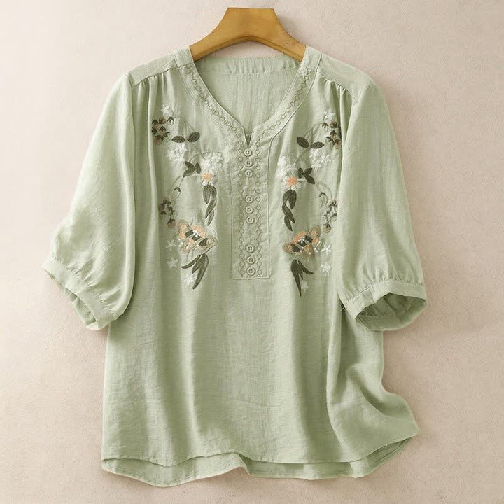 Buddha Stones Camisa de manga corta para mujer con bordado floral estilo boho veraniego - Verde mar oscuro - US8-10，UK/AU12-14，EU40-42 (2XL) - image 0
