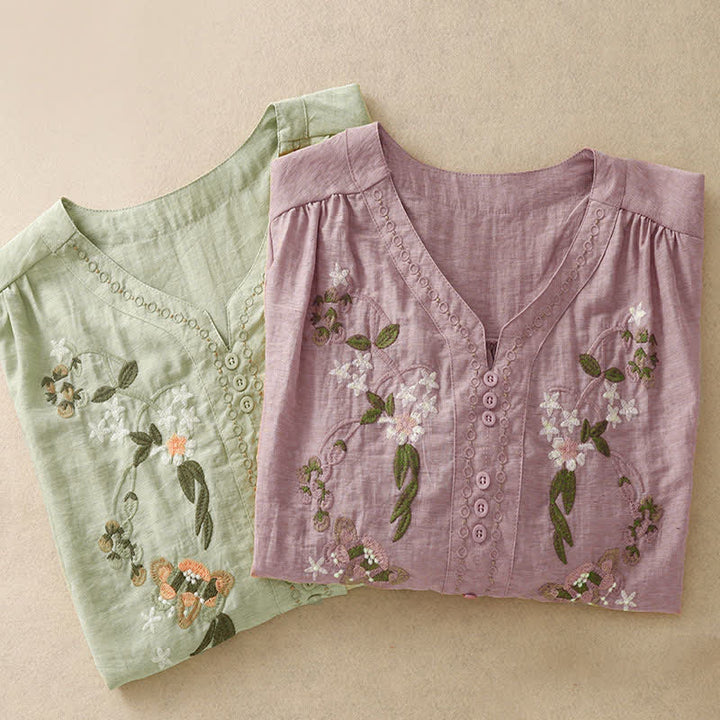 Buddha Stones Camisa de manga corta para mujer con bordado floral estilo boho veraniego - image 17