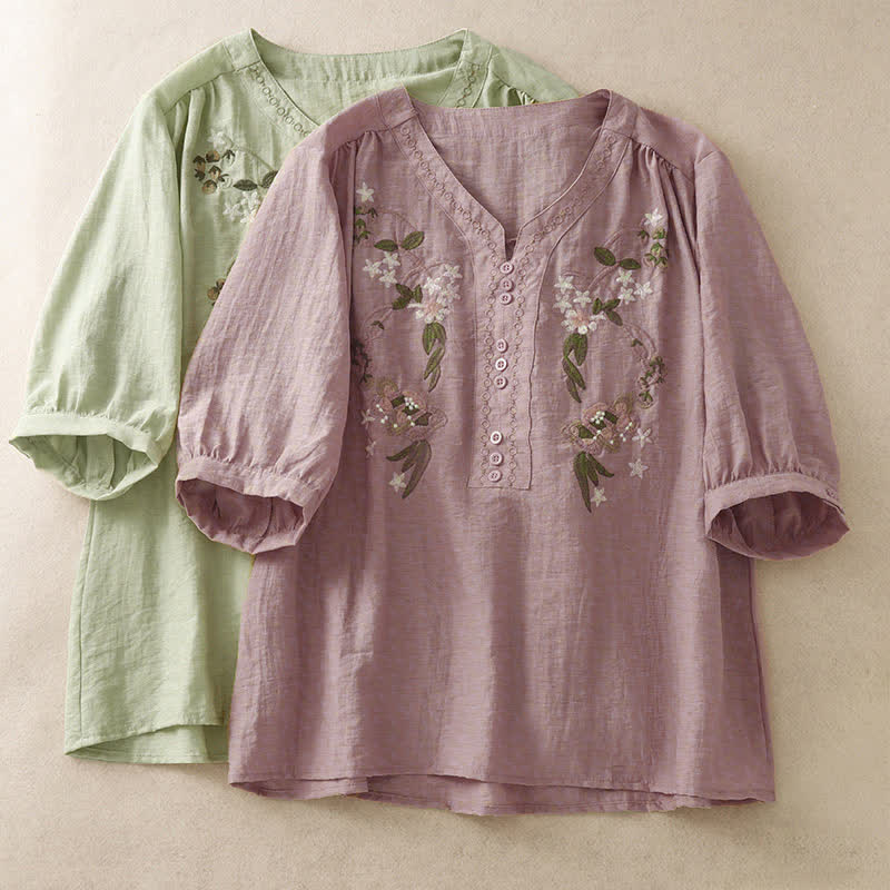 Buddha Stones Camisa de manga corta para mujer con bordado floral estilo boho veraniego - image 16