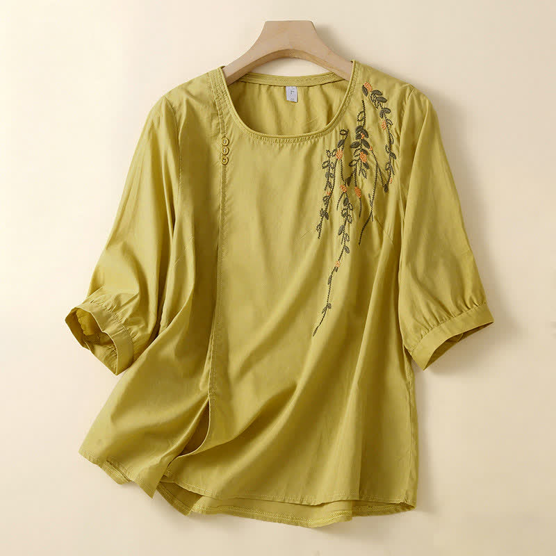 Buddha Stones Camisetas de manga corta para mujer, estilo casual de verano, con cuello redondo y bordado de flores. - vara de oro pálida - US14, UK/AU18, EU46 (4XL) - image 6