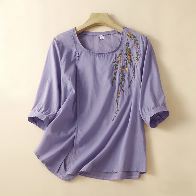 Buddha Stones Camisetas de manga corta para mujer, estilo casual de verano, con cuello redondo y bordado de flores. - Lavanda - US14, UK/AU18, EU46 (4XL) - image 0