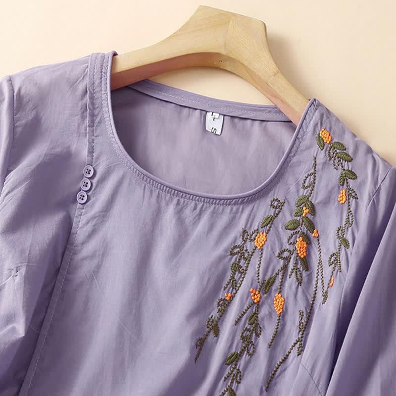 Buddha Stones Camisetas de manga corta para mujer, estilo casual de verano, con cuello redondo y bordado de flores. - image 1