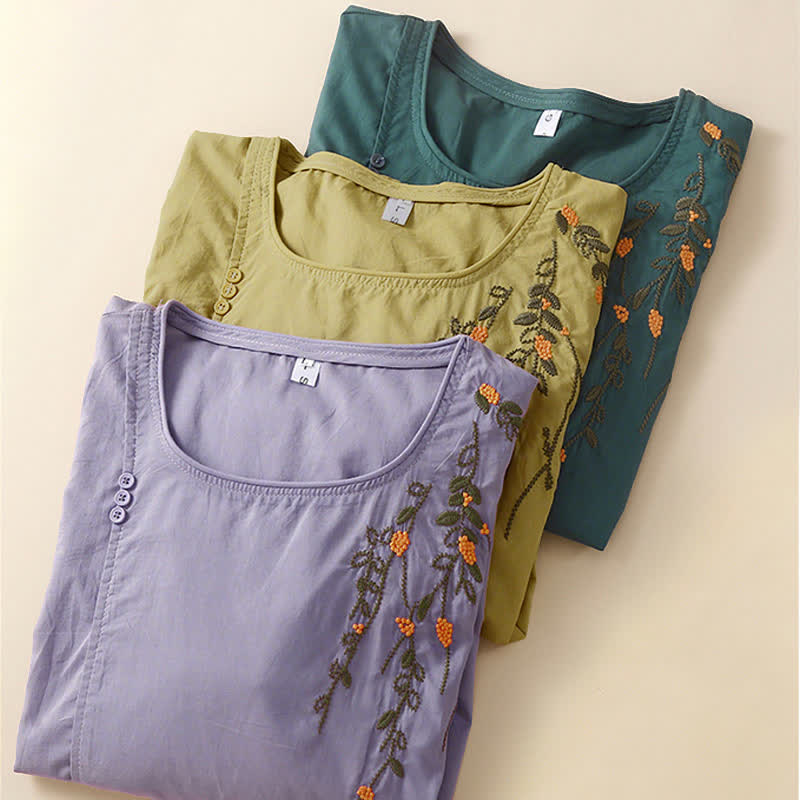 Buddha Stones Camisetas de manga corta para mujer, estilo casual de verano, con cuello redondo y bordado de flores. - image 16