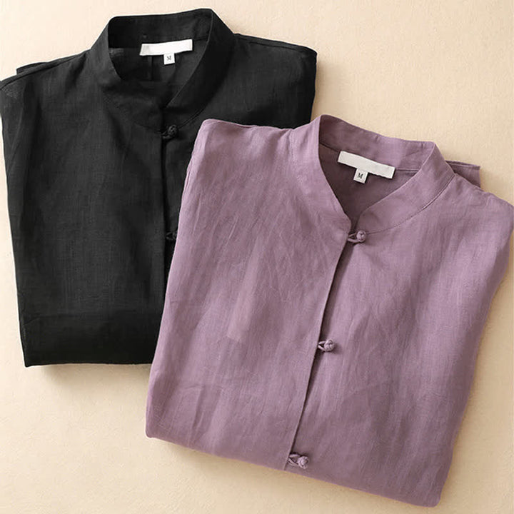 Buddha Stones Camisas de manga tres cuartos para mujer, color liso, con cuello mandarín, ideales para el verano. - image 17