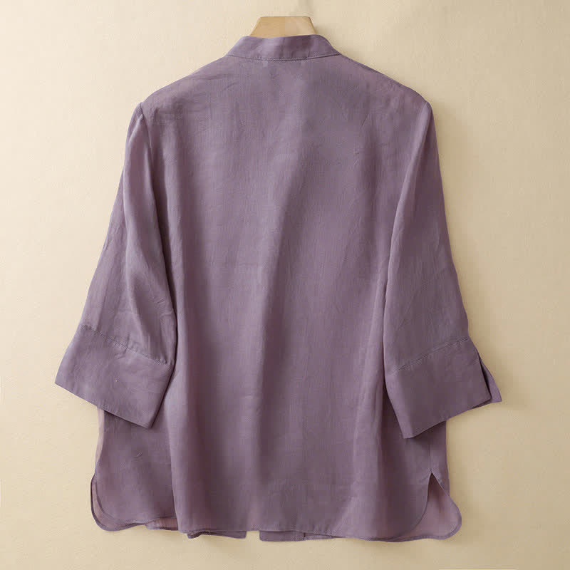 Buddha Stones Camisas de manga tres cuartos para mujer, color liso, con cuello mandarín, ideales para el verano. - image 1