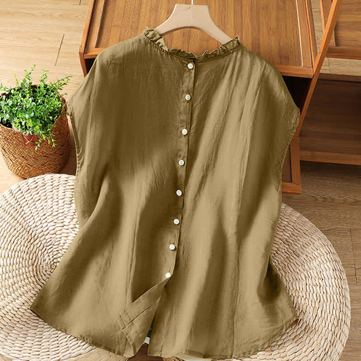 Buddha Stones Camisas sin mangas lisas para mujer, estilo casual de verano, con cuello con volantes y cierre de botones en la espalda. - image 20