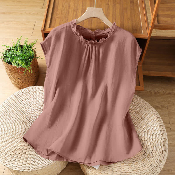 Buddha Stones Camisas sin mangas lisas para mujer, estilo casual de verano, con cuello con volantes y cierre de botones en la espalda. - Marrón rosado - US8-10，UK/AU12-14，EU40-42 (2XL) - image 6