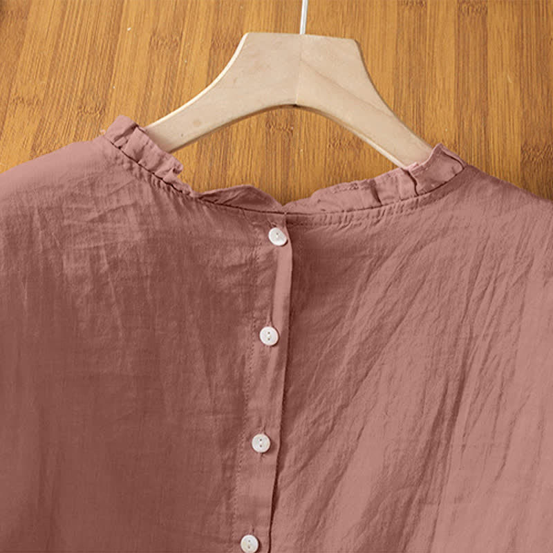 Buddha Stones Camisas sin mangas lisas para mujer, estilo casual de verano, con cuello con volantes y cierre de botones en la espalda. - image 9
