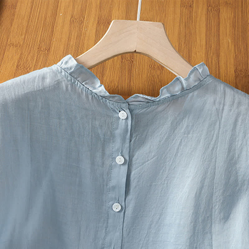 Buddha Stones Camisas sin mangas lisas para mujer, estilo casual de verano, con cuello con volantes y cierre de botones en la espalda. - image 3