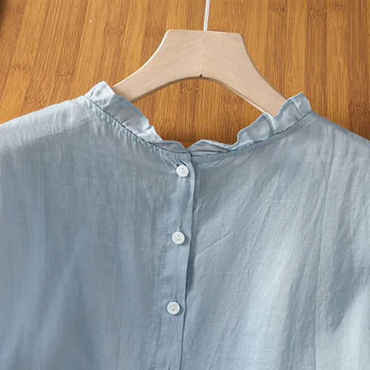 Buddha Stones Camisas sin mangas lisas para mujer, estilo casual de verano, con cuello con volantes y cierre de botones en la espalda. - image 3