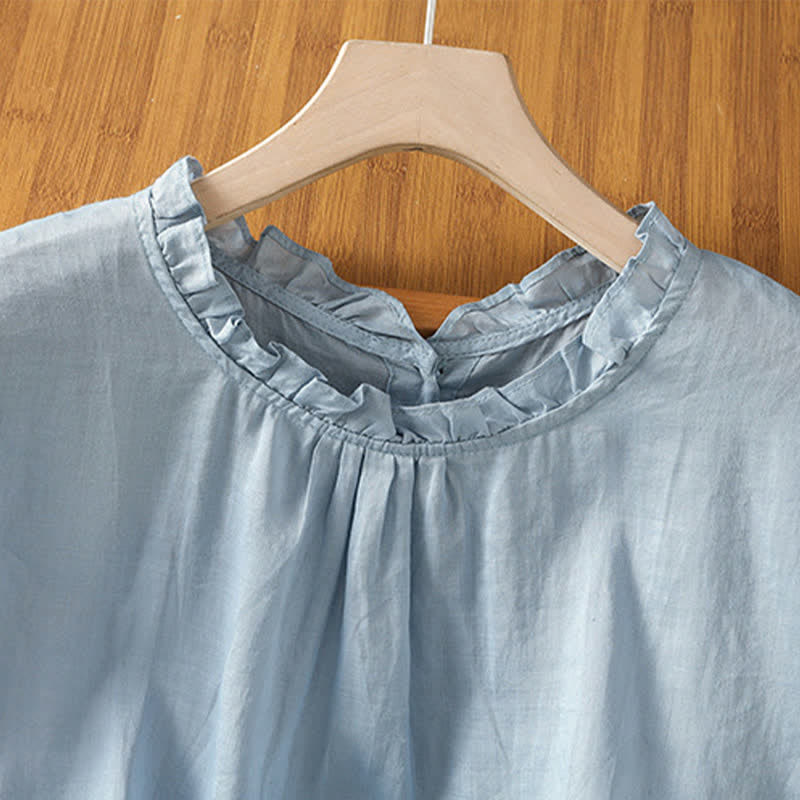 Buddha Stones Camisas sin mangas lisas para mujer, estilo casual de verano, con cuello con volantes y cierre de botones en la espalda. - image 2