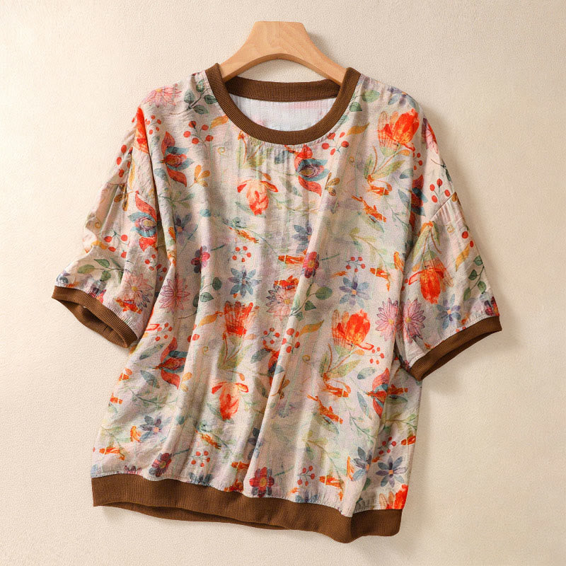Buddha Stones Camisetas de manga corta para mujer con cuello redondo y estampado floral, estilo vintage de verano. - Trigo - US14，UK/AU18，EU46 (2XL) - image 0