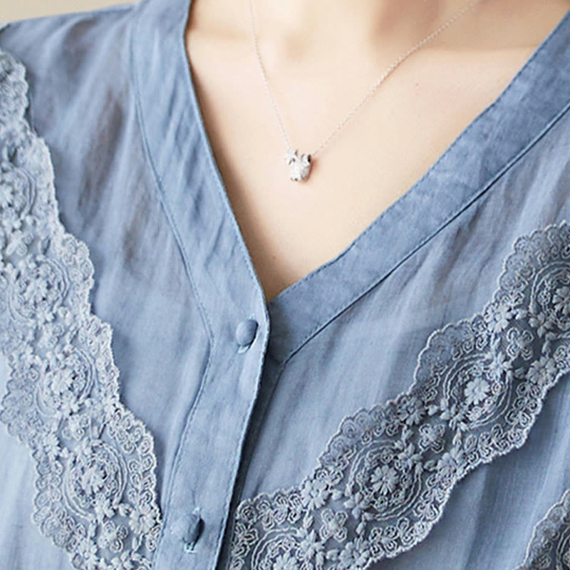 Buddha Stones Camisas de manga tres cuartos para mujer, color liso, con cuello en V y ribete de encaje, ideales para el verano. - image 18