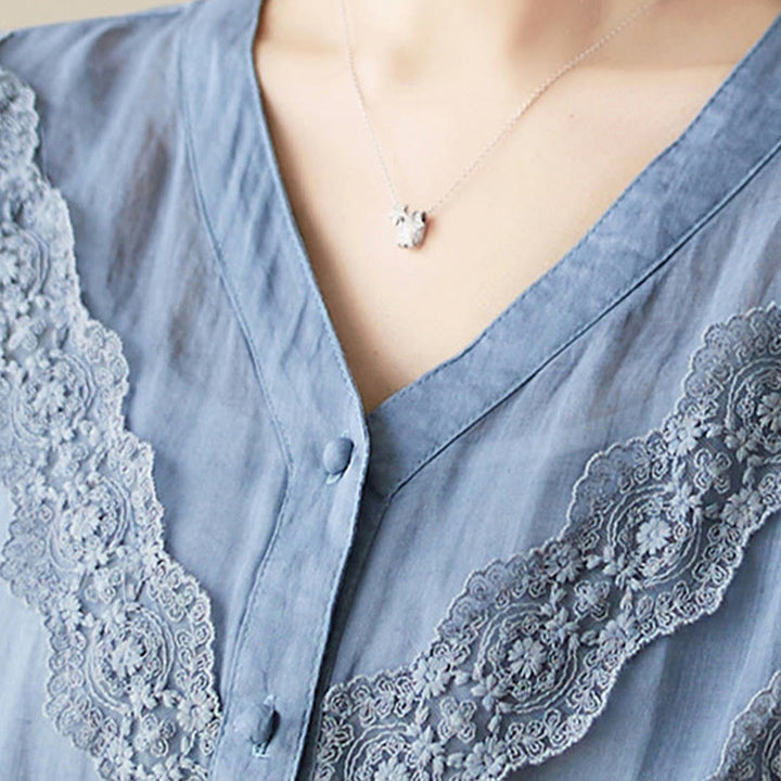 Buddha Stones Camisas de manga tres cuartos para mujer, color liso, con cuello en V y ribete de encaje, ideales para el verano. - image 18