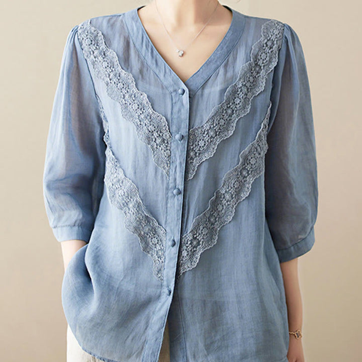 Buddha Stones Camisas de manga tres cuartos para mujer, color liso, con cuello en V y ribete de encaje, ideales para el verano. - Azul acero claro - US8-10，UK/AU12-14，EU40-42 (2XL) - image 11