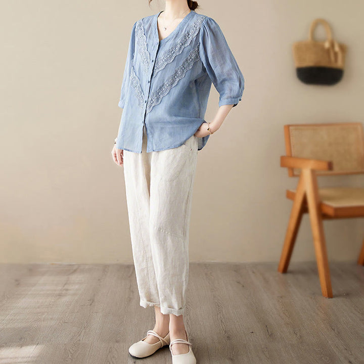 Buddha Stones Camisas de manga tres cuartos para mujer, color liso, con cuello en V y ribete de encaje, ideales para el verano. - image 17
