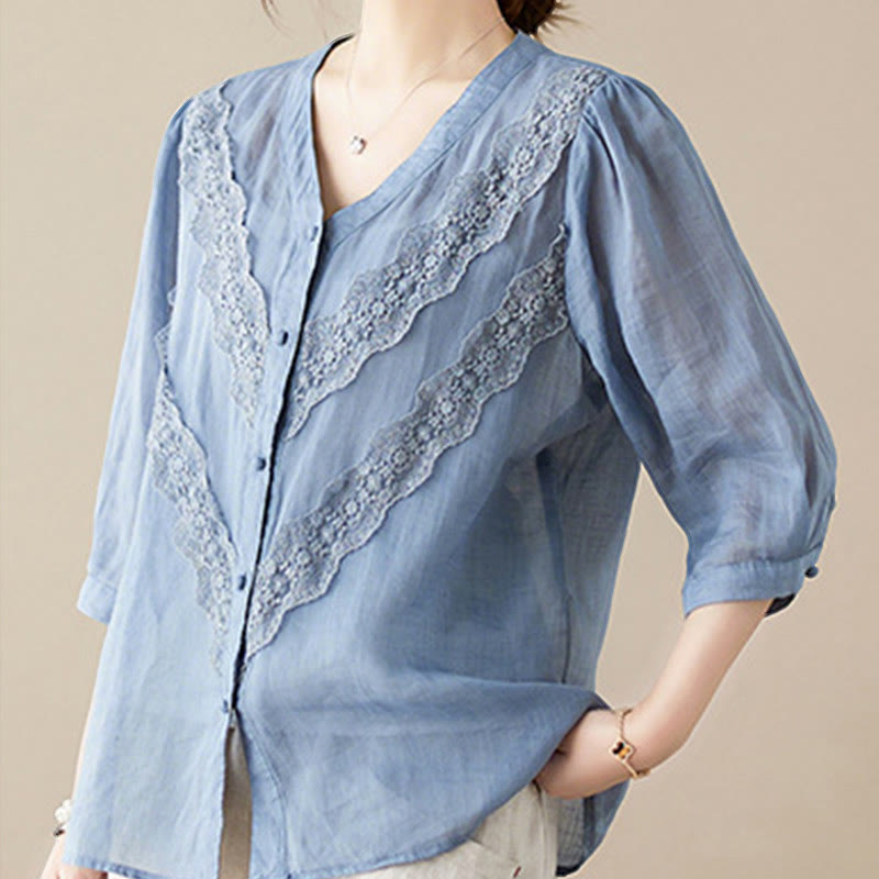Buddha Stones Camisas de manga tres cuartos para mujer, color liso, con cuello en V y ribete de encaje, ideales para el verano. - image 15