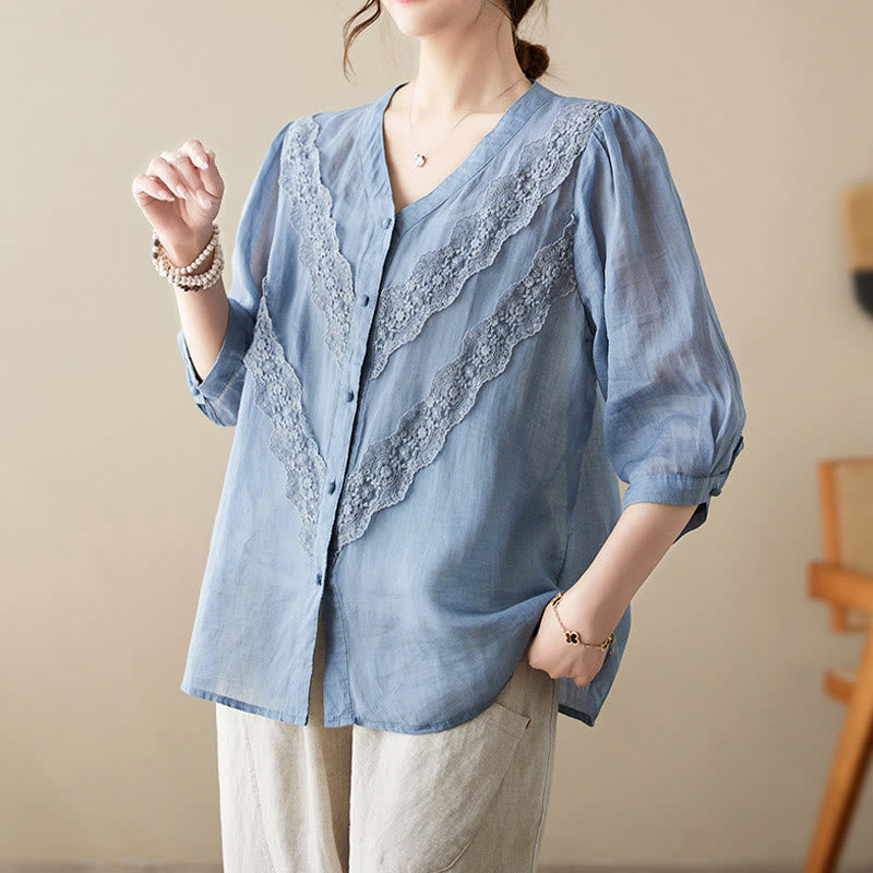 Buddha Stones Camisas de manga tres cuartos para mujer, color liso, con cuello en V y ribete de encaje, ideales para el verano. - image 12