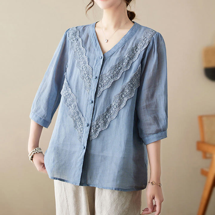 Buddha Stones Camisas de manga tres cuartos para mujer, color liso, con cuello en V y ribete de encaje, ideales para el verano. - image 13