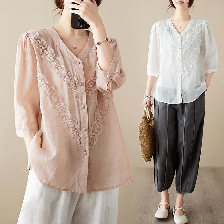Buddha Stones Camisas de manga tres cuartos para mujer, color liso, con cuello en V y ribete de encaje, ideales para el verano. - image 28