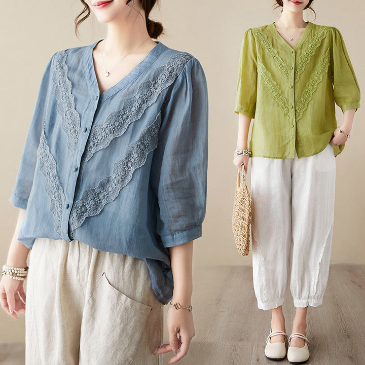 Buddha Stones Camisas de manga tres cuartos para mujer, color liso, con cuello en V y ribete de encaje, ideales para el verano. - image 29