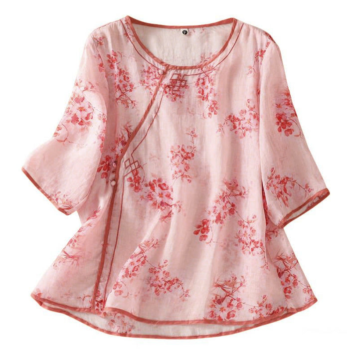 Buddha Stones Camisas de manga tres cuartos para mujer con cuello redondo, cuello redondo y estampado floral de ranas de verano. - image 14