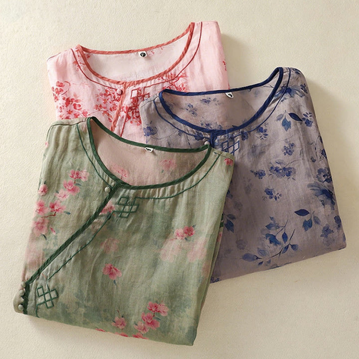 Buddha Stones Camisas de manga tres cuartos para mujer con cuello redondo, cuello redondo y estampado floral de ranas de verano. - image 20