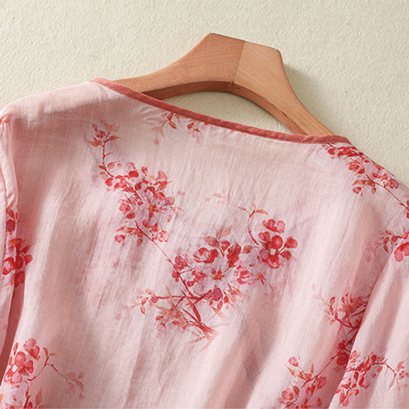 Buddha Stones Camisas de manga tres cuartos para mujer con cuello redondo, cuello redondo y estampado floral de ranas de verano. - image 10