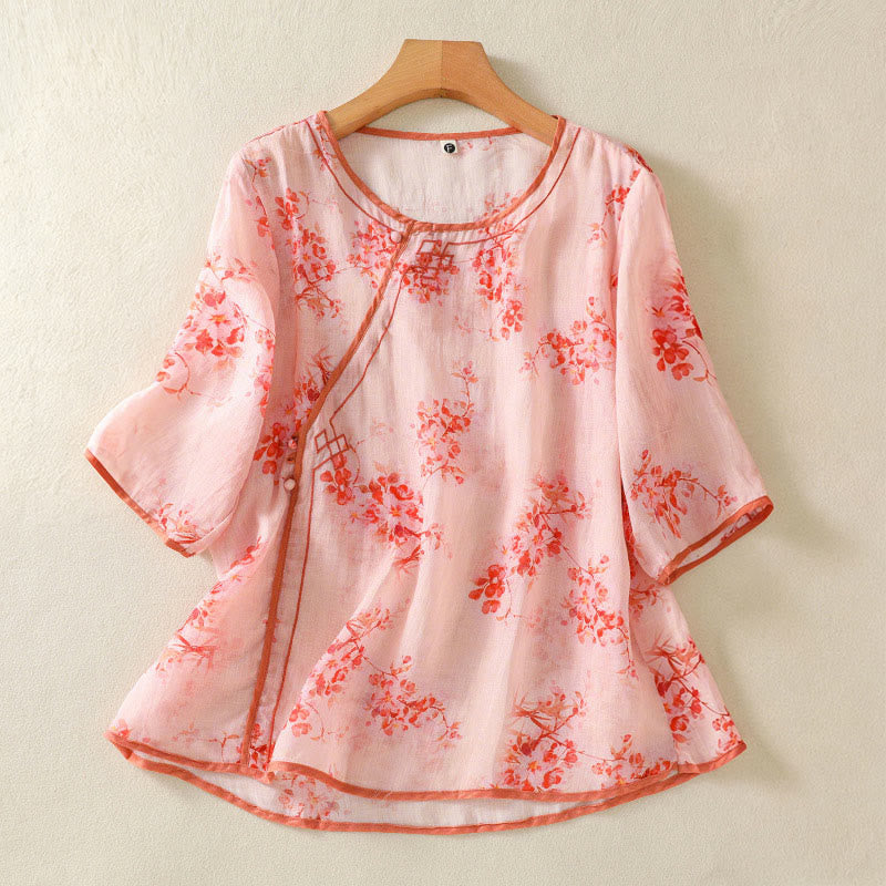Buddha Stones Camisas de manga tres cuartos para mujer con cuello redondo, cuello redondo y estampado floral de ranas de verano. - rosa claro - US8-10，UK/AU12-14，EU40-42 (2XL) - image 7