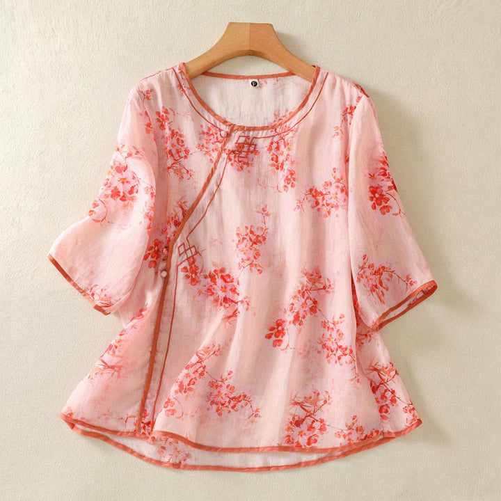 Buddha Stones Camisas de manga tres cuartos para mujer con cuello redondo, cuello redondo y estampado floral de ranas de verano. - rosa claro - US8-10，UK/AU12-14，EU40-42 (2XL) - image 7