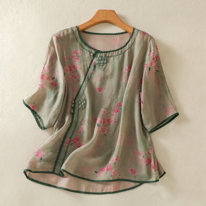Buddha Stones Camisas de manga tres cuartos para mujer con cuello redondo, cuello redondo y estampado floral de ranas de verano. - Verde mar oscuro - US8-10，UK/AU12-14，EU40-42 (2XL) - image 15