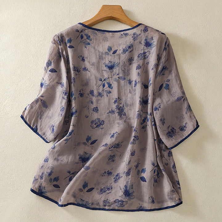 Buddha Stones Camisas de manga tres cuartos para mujer con cuello redondo, cuello redondo y estampado floral de ranas de verano. - image 1
