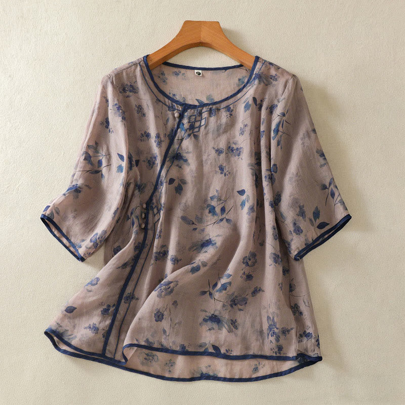 Buddha Stones Camisas de manga tres cuartos para mujer con cuello redondo, cuello redondo y estampado floral de ranas de verano. - Cardo - US8-10，UK/AU12-14，EU40-42 (2XL) - image 0